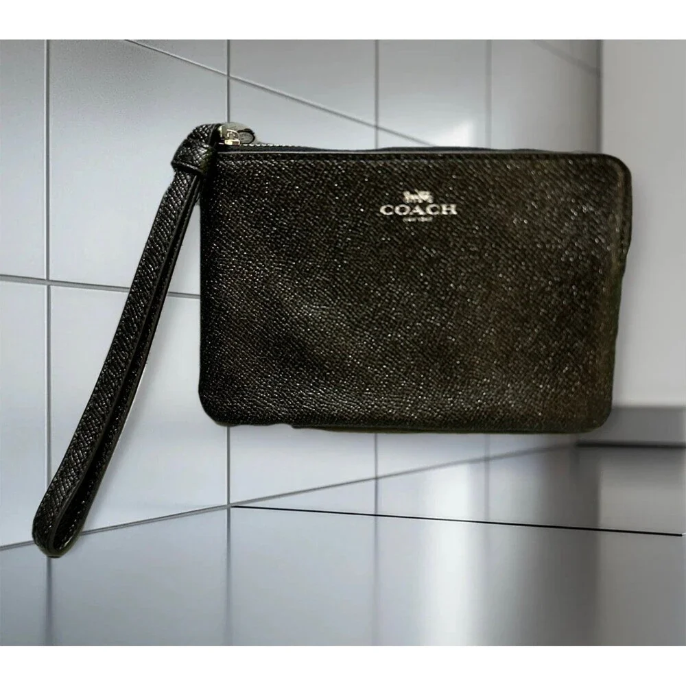 Coach Black Saffiano Leather Zip Wristlet with Gold Logo